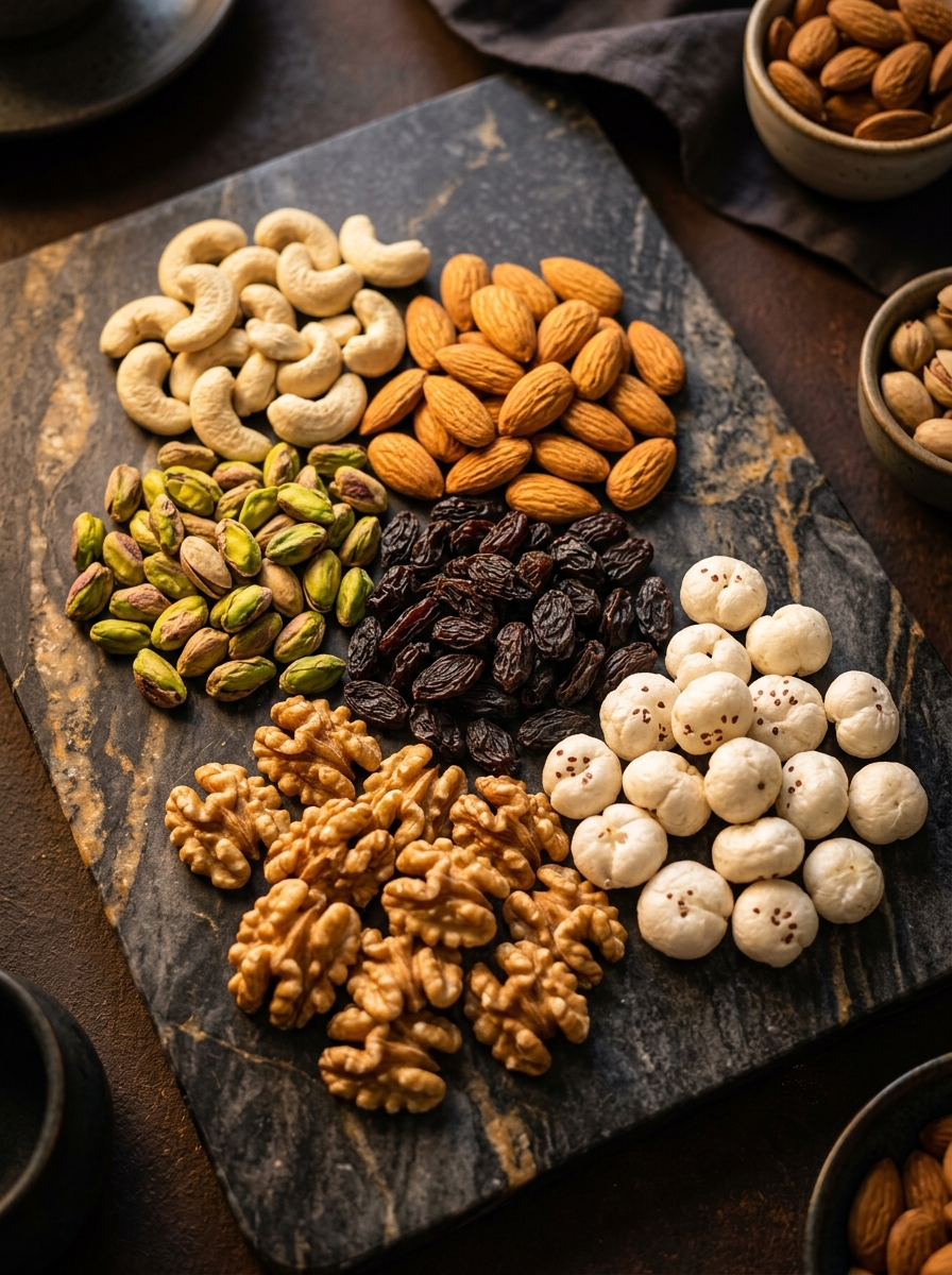 Premium dry fruits — Cashews, Almonds, Raisins, Pistachios, Walnuts, Makhana