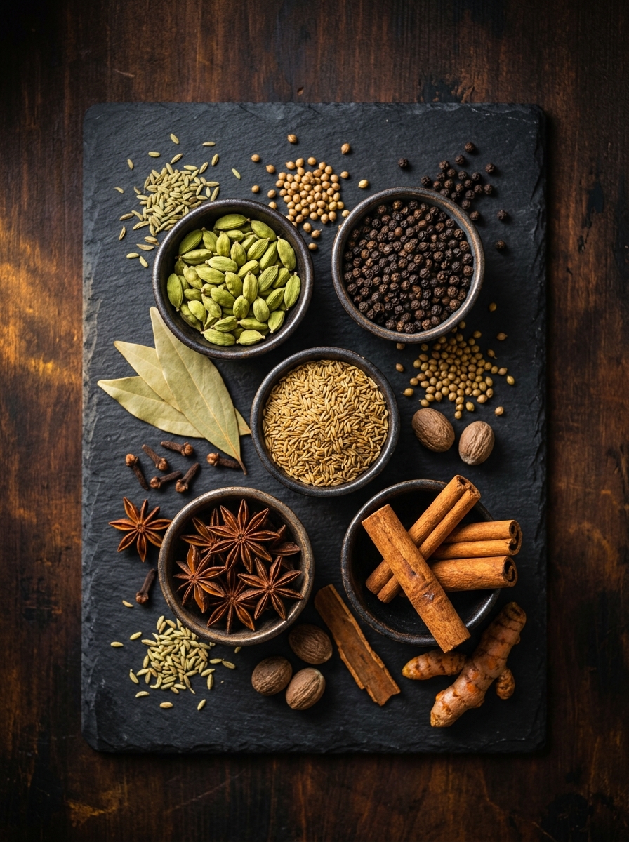 Premium Indian whole spices including cardamom, black pepper, cumin, cloves and cinnamon